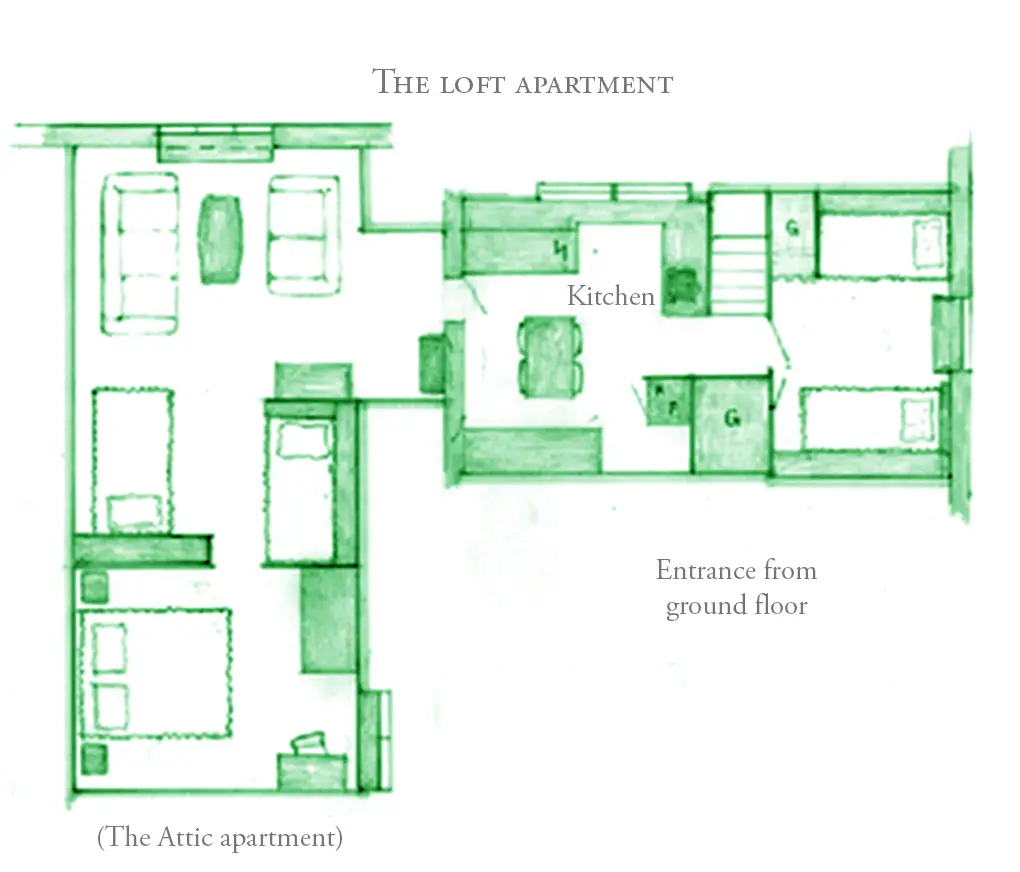 Interior planning for the loft apartment, with beds, kitchen, windows, etc, marked.