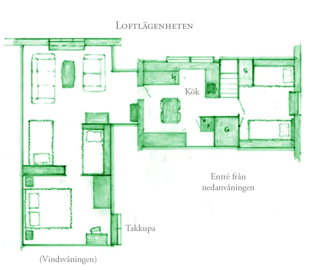 Planlösning för Loftlägenheten med sovrum, sängar, kök, med mera, utritat.