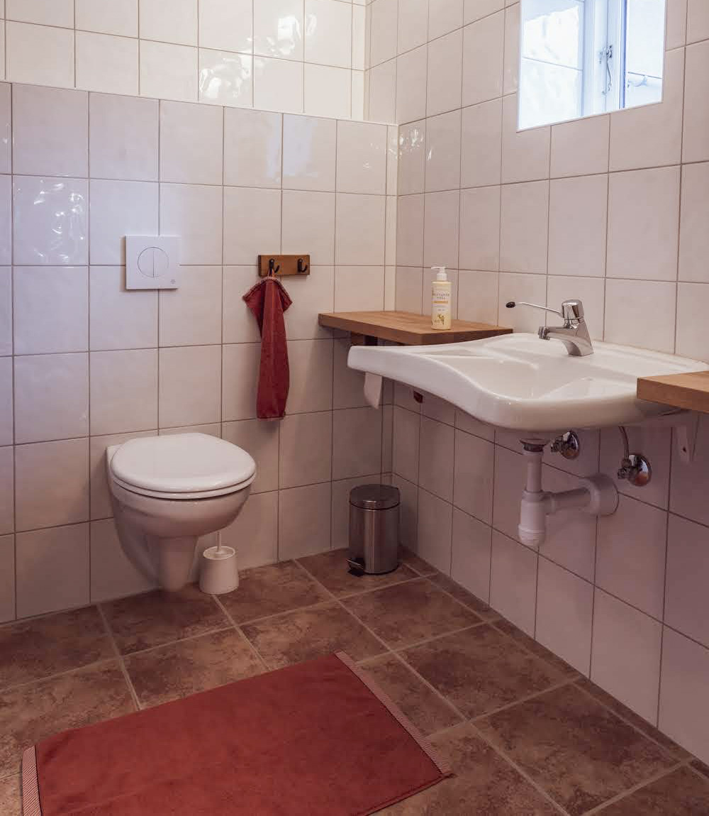 The spacious bathroom has toilet and a shower.