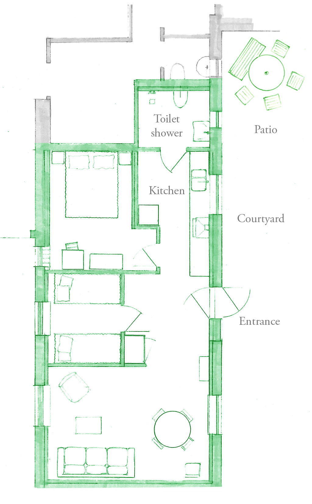 Interior planning for the small courtyard apartment.