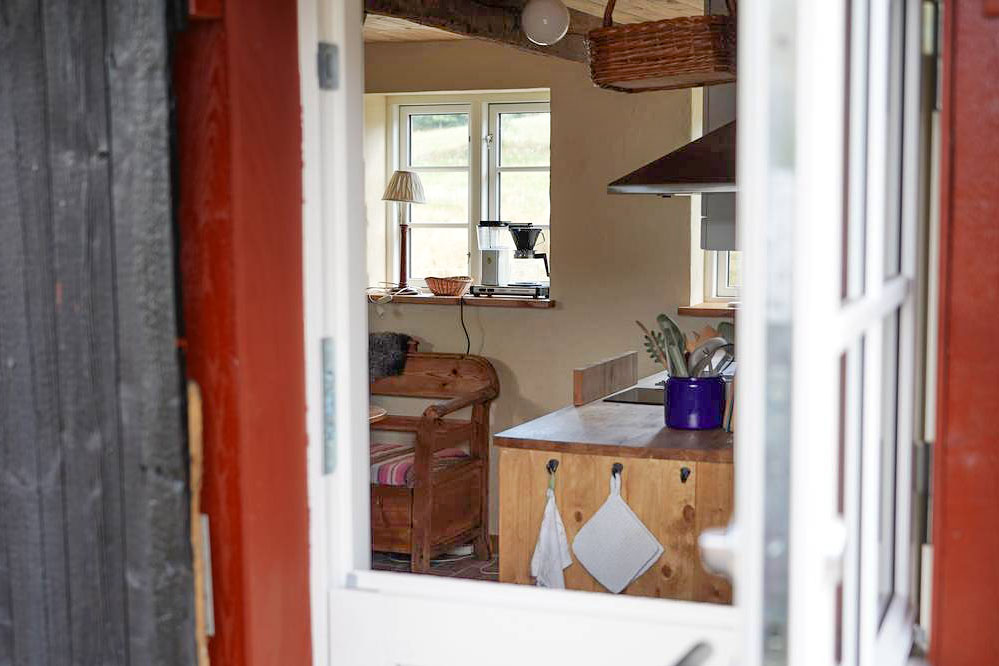 The original tar painted door is in front of the new double hung "Dutch door".