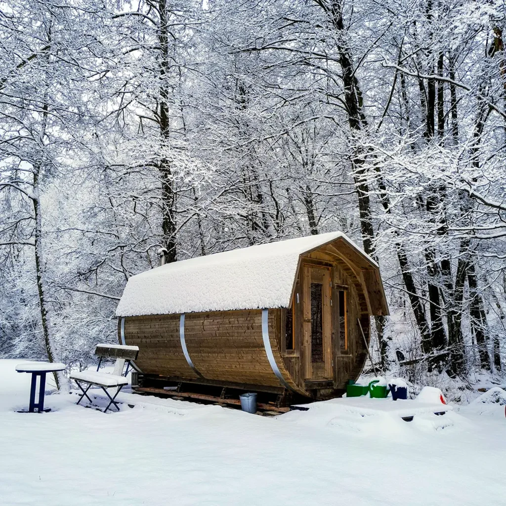 Timrad bastu med snöklädda träd vid en damm.